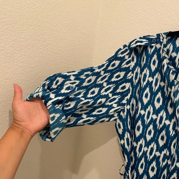 Maeve Anthropologie Ikat Print Shirt Dress Medium Blue White Belted - Picture 6 of 10